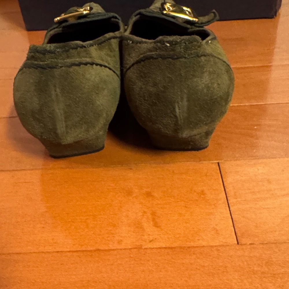 Prada Olive Green Suede Pointed-Toe Flats with Gold Buckle - Picture 3 of 5